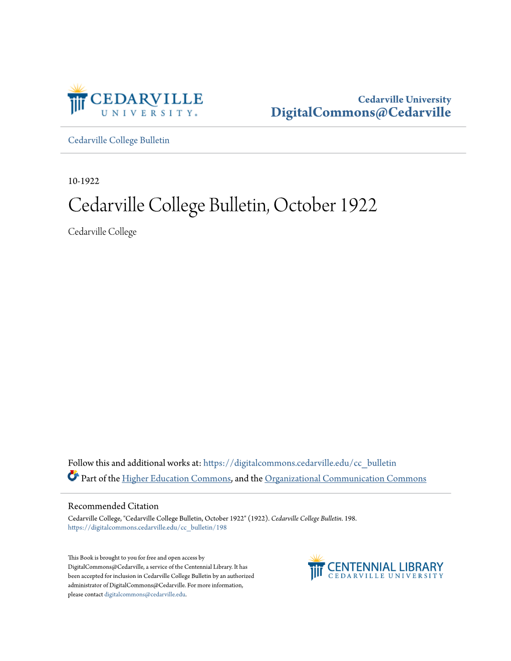 Cedarville College Bulletin, October 1922 Cedarville College