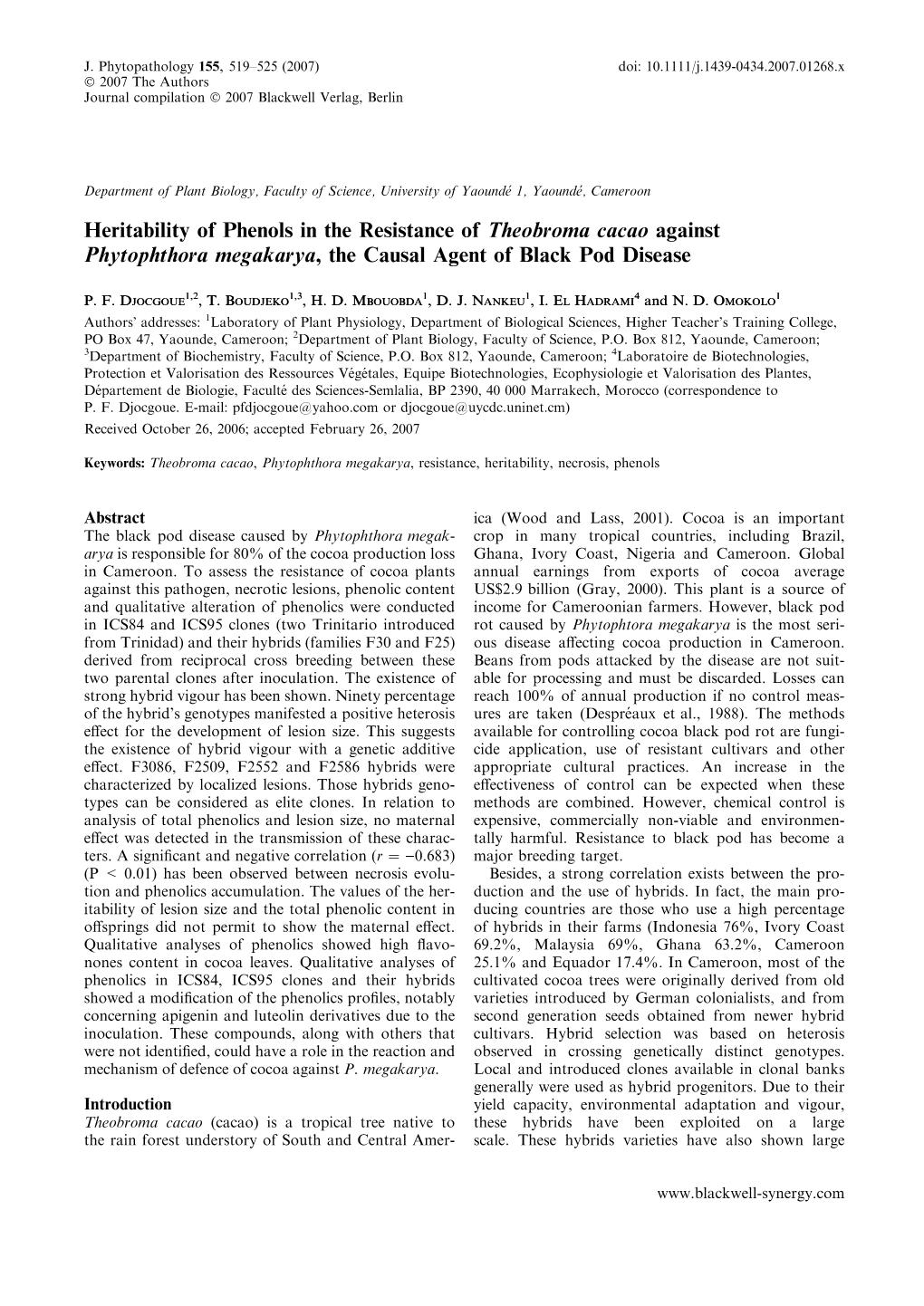 Heritability of Phenols in the Resistance of Theobroma Cacao Against Phytophthora Megakarya, the Causal Agent of Black Pod Disease