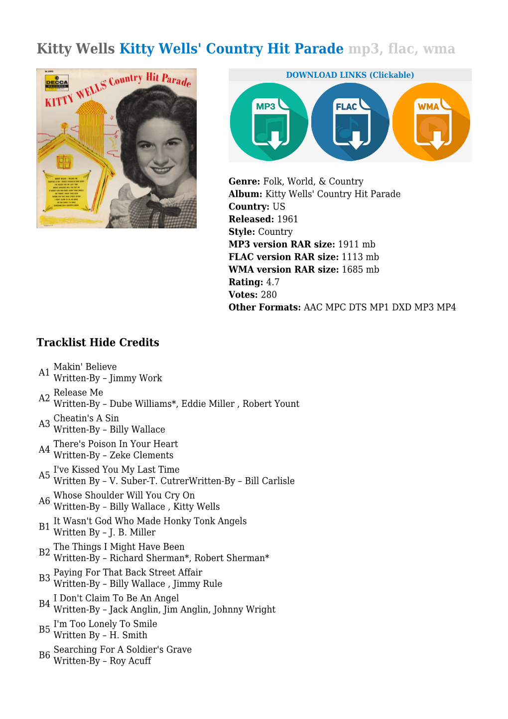 Kitty Wells Kitty Wells' Country Hit Parade Mp3, Flac, Wma