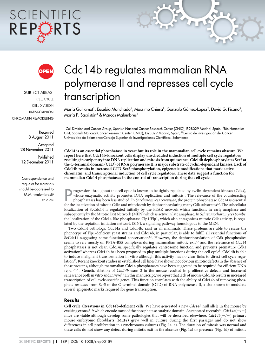 Cdc14b Regulates Mammalian RNA Polymerase II and Represses Cell
