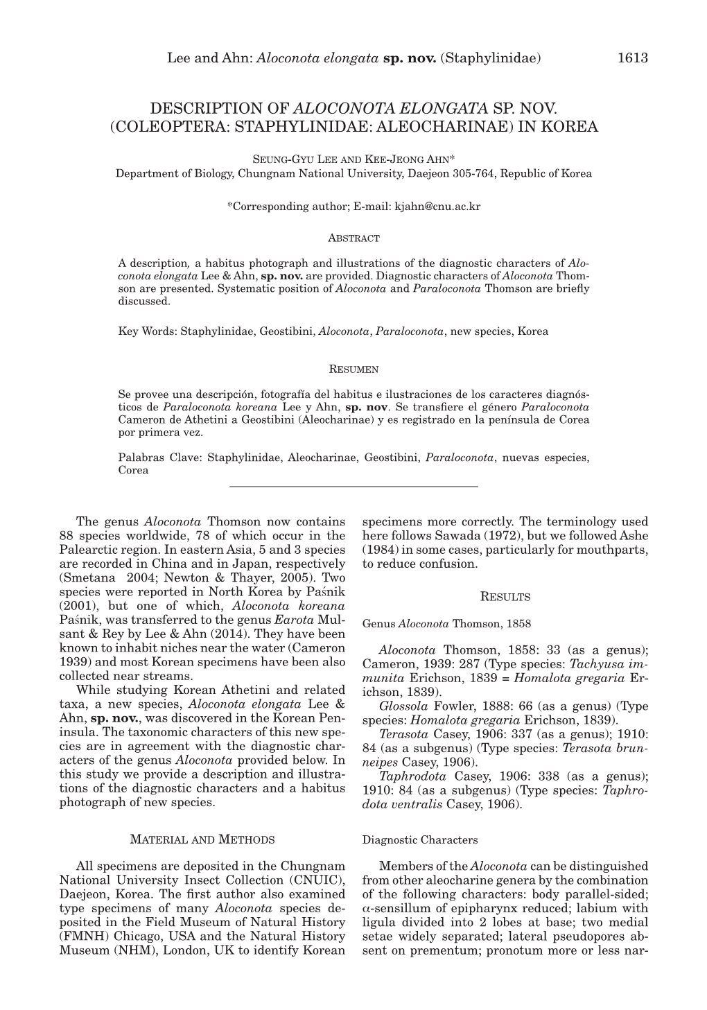 Description of Aloconota Elongata Sp. Nov. (Coleoptera: Staphylinidae: Aleocharinae) in Korea