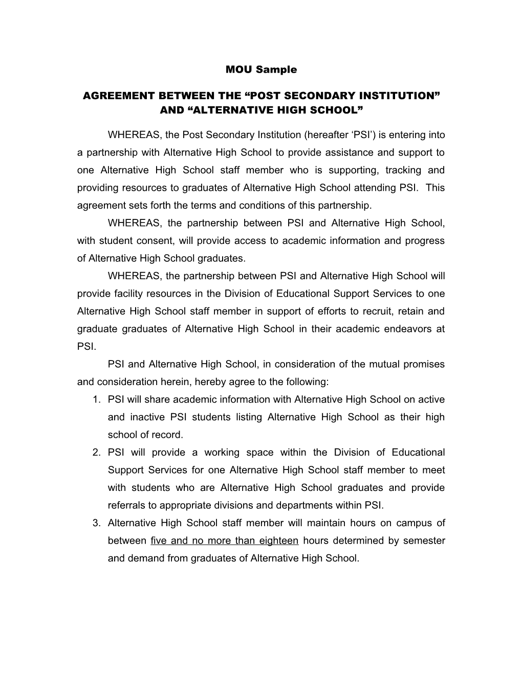 Agreement Between the Post Secondary Institution and Alternative High School