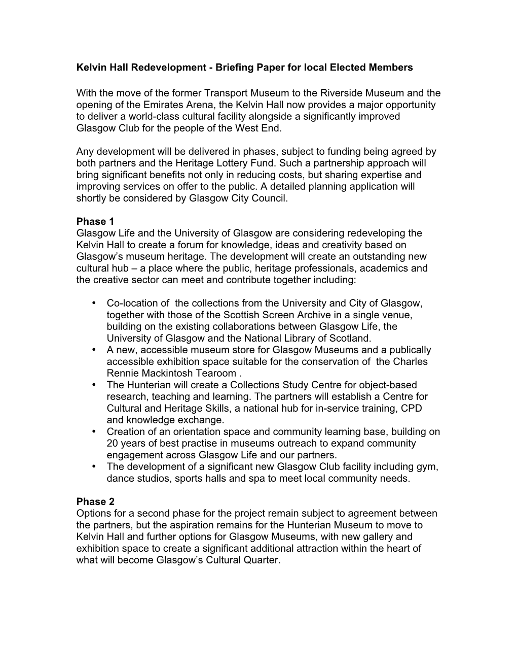 Kelvin Hall Redevelopment - Briefing Paper for Local Elected Members