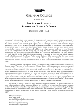 The Age of Tyrants: Sappho Via Gounod's Opera