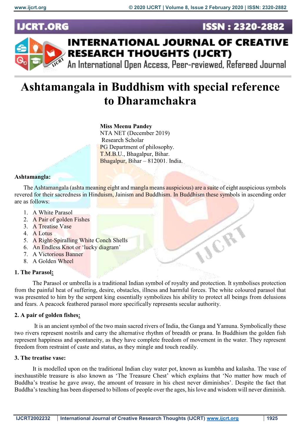 Ashtamangala in Buddhism with Special Reference to Dharamchakra