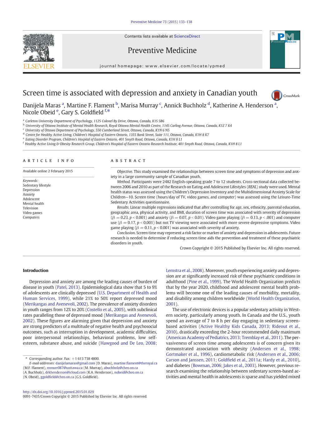 Screen Time Is Associated with Depression and Anxiety in Canadian Youth