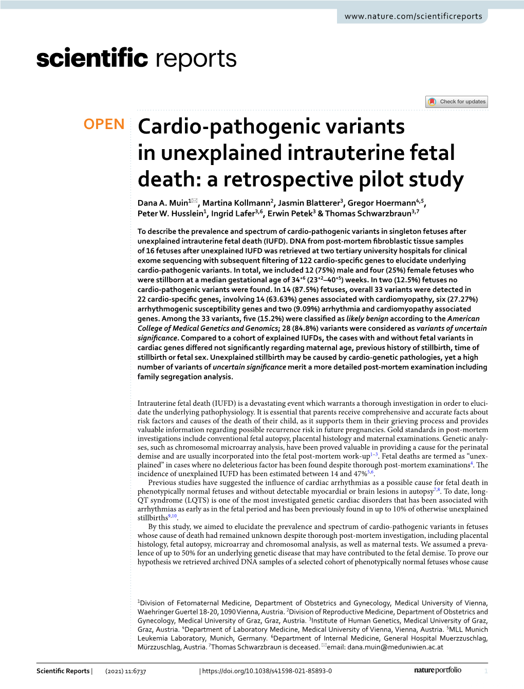 Cardio-Pathogenic Variants in Unexplained Intrauterine