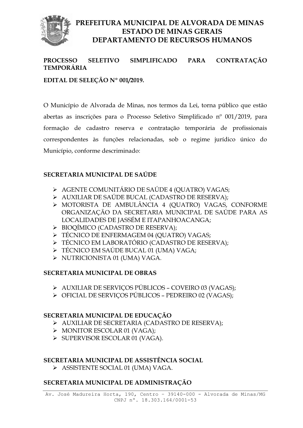 Prefeitura Municipal De Alvorada De Minas Estado De Minas Gerais Departamento De Recursos Humanos