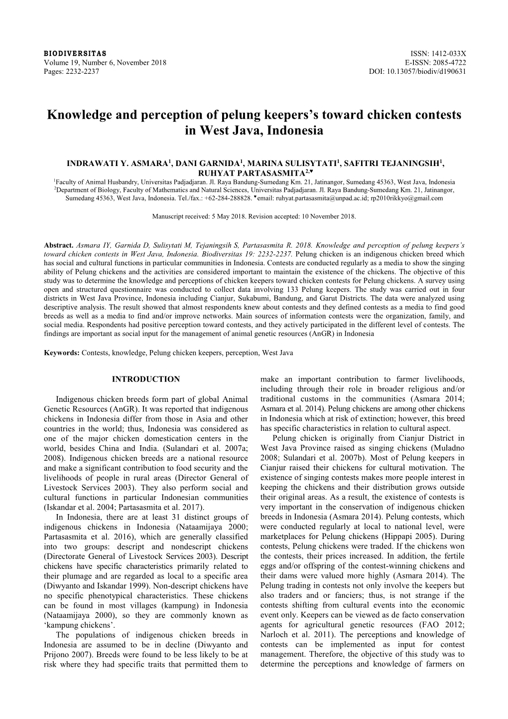 Knowledge and Perception of Pelung Keepers's Toward Chicken Contests in West Java, Indonesia
