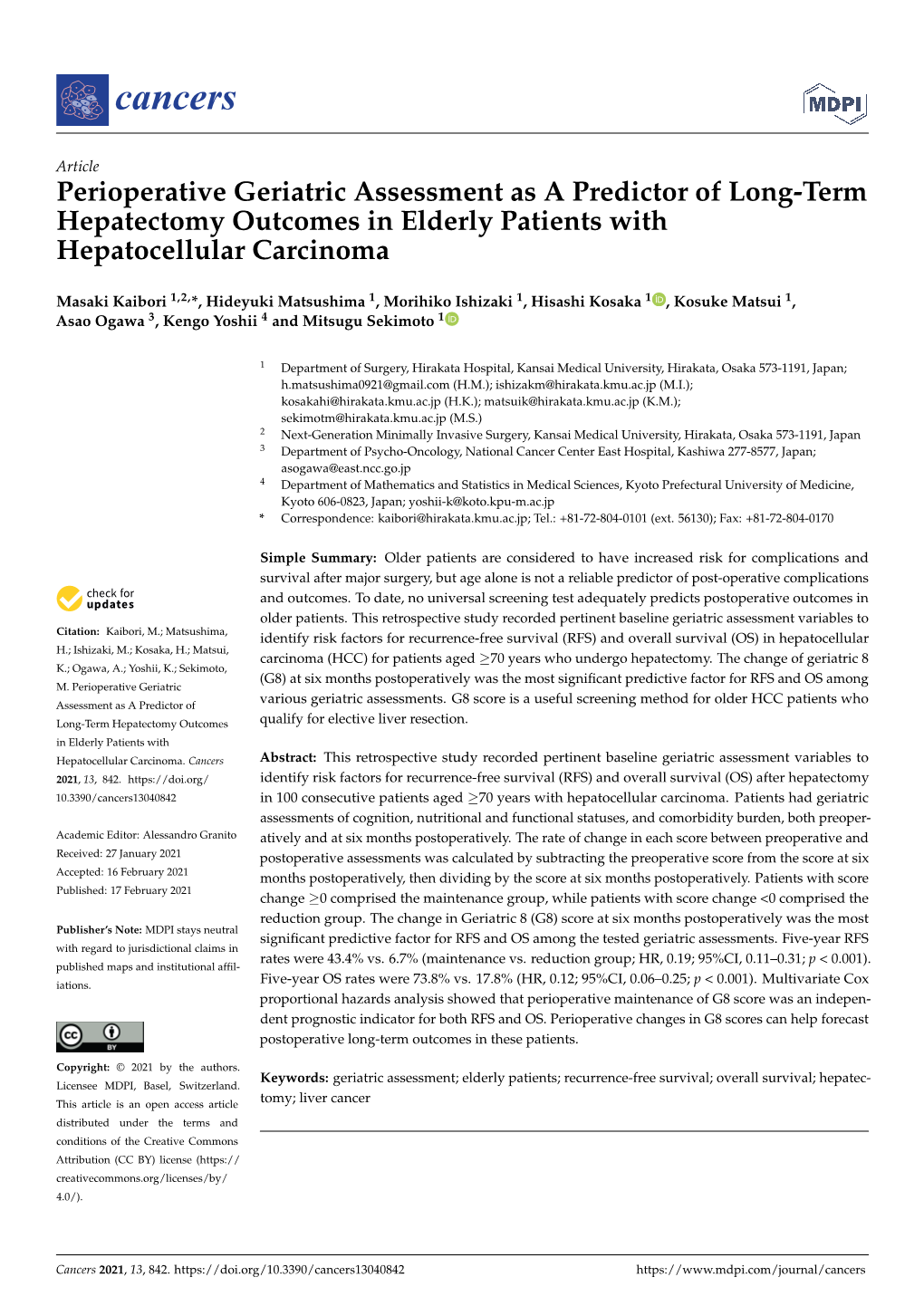 Perioperative Geriatric Assessment As a Predictor of Long-Term Hepatectomy Outcomes in Elderly Patients with Hepatocellular Carcinoma