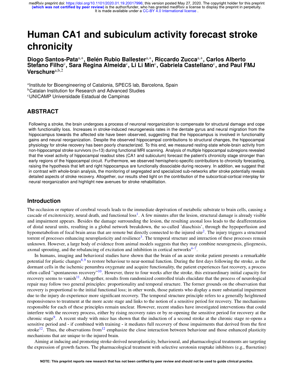 Human CA1 and Subiculum Activity Forecast Stroke Chronicity