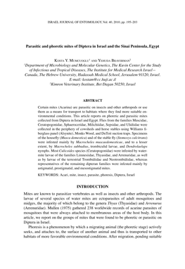 Parasitic and Phoretic Mites of Diptera in Israel and the Sinai Peninsula, Egypt