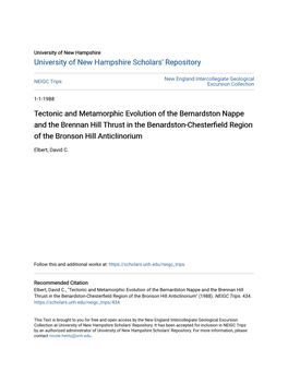 Tectonic and Metamorphic Evolution of the Bernardston Nappe and the Brennan Hill Thrust in the Benardston-Chesterfield Region of the Bronson Hill Anticlinorium