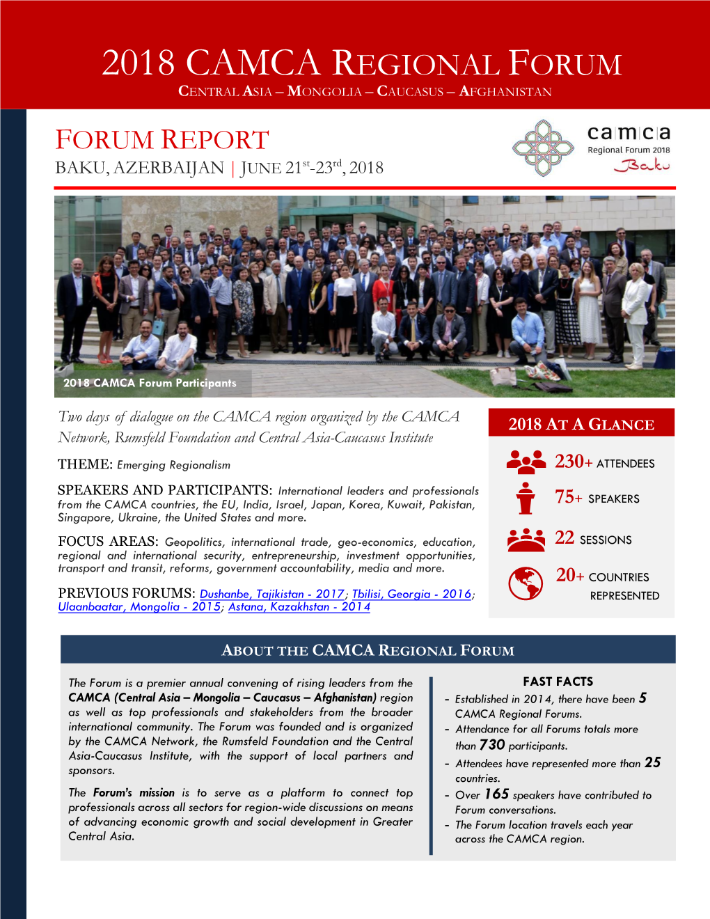 2018 CAMCA REGIONAL FORUM CENTRAL ASIA – MONGOLIA – CAUCASUS – AFGHANISTAN FORUM REPORT BAKU, AZERBAIJAN | JUNE 21St-23Rd, 2018