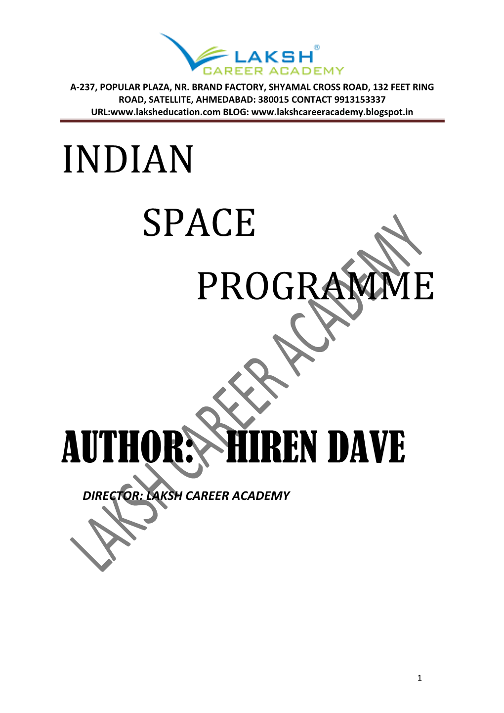 INDIAN SPACE PROGRAMME LAKSH Career Academy AUTHOR