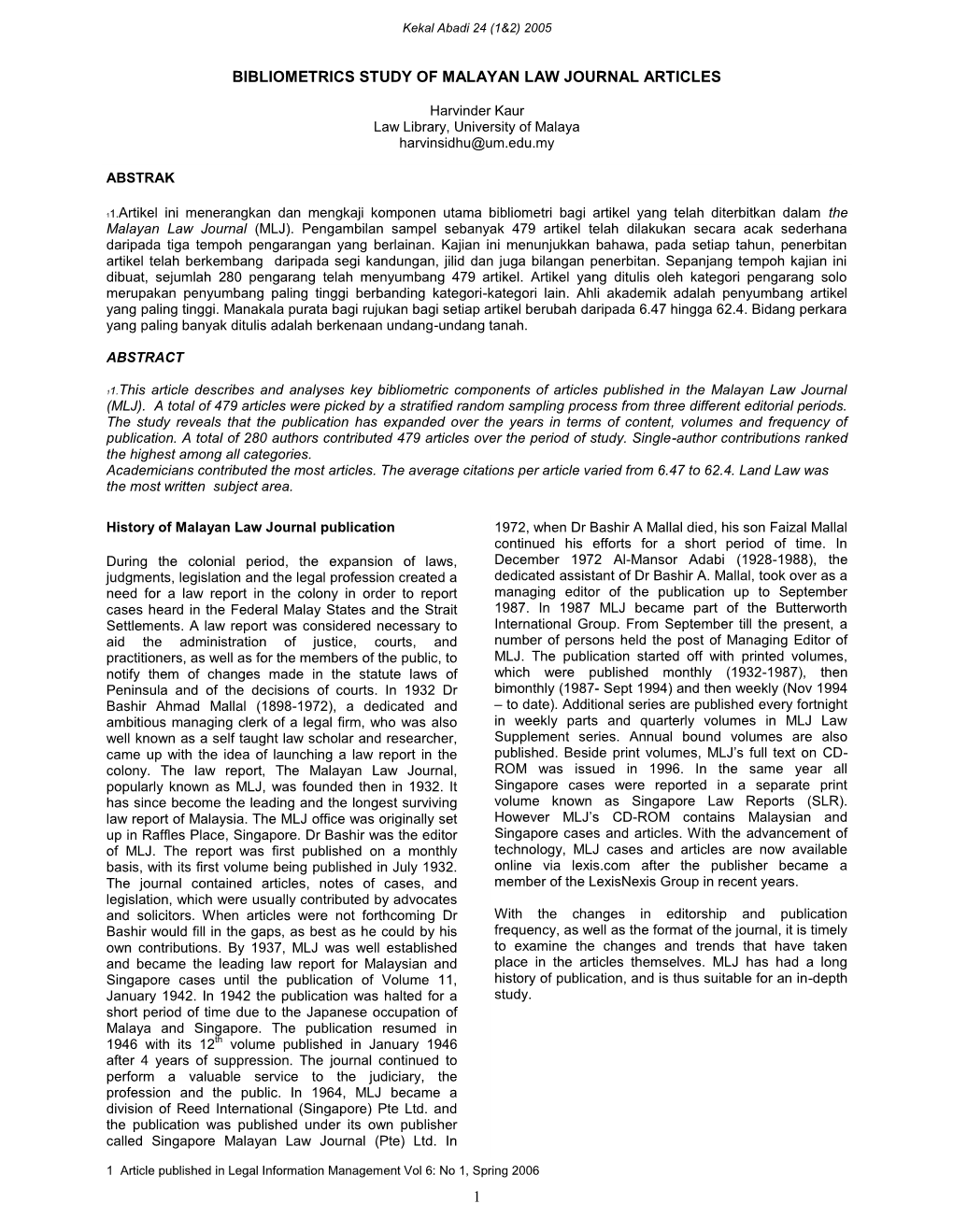 Bibliometrics Study of Malayan Law Journal Articles
