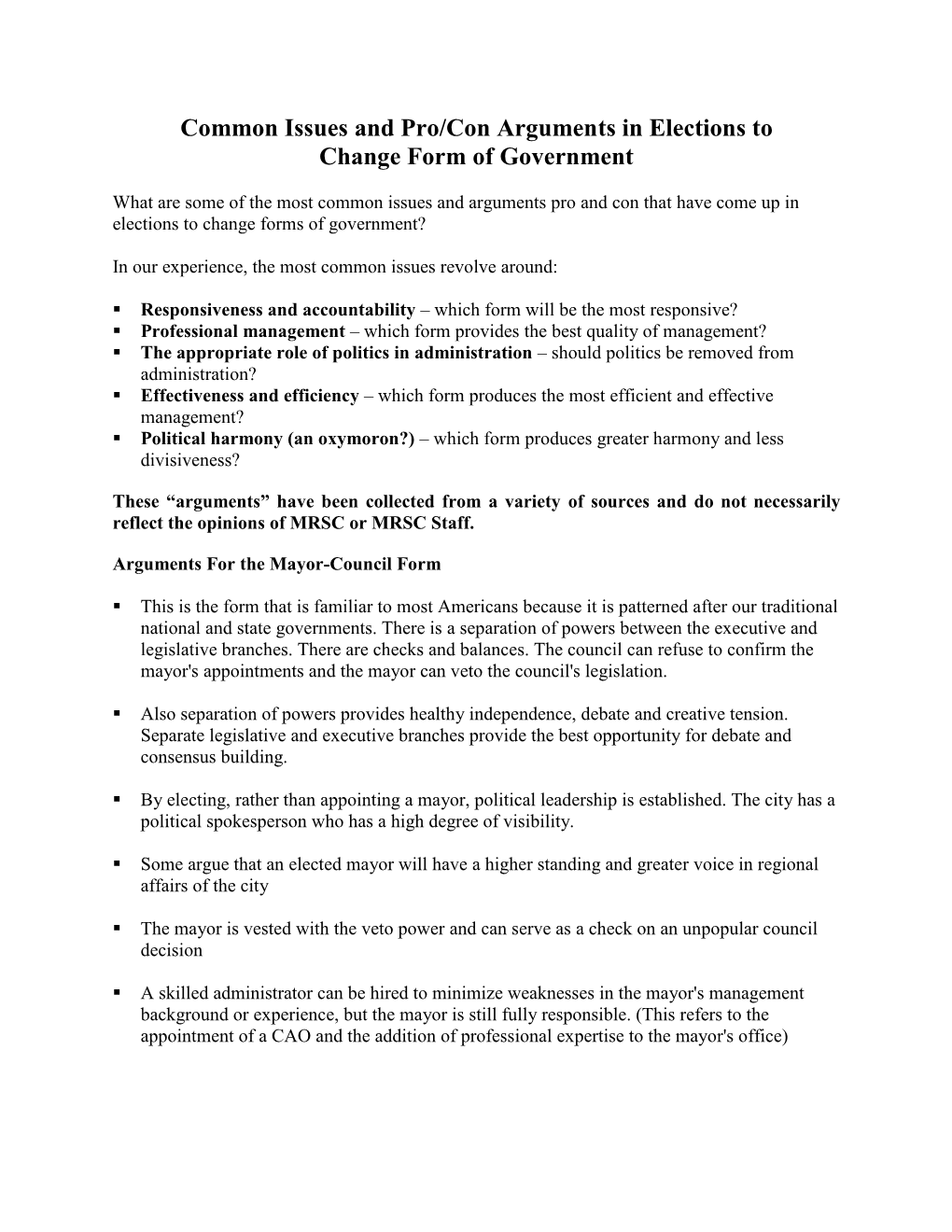 Common and Issues and Pro/Con Arguments in Elections to Change