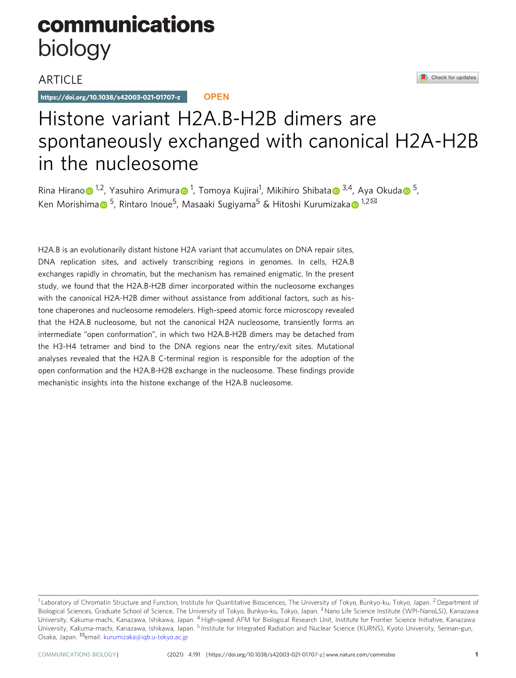 Histone Variant H2A.B-H2B Dimers Are Spontaneously Exchanged with Canonical H2A-H2B in the Nucleosome