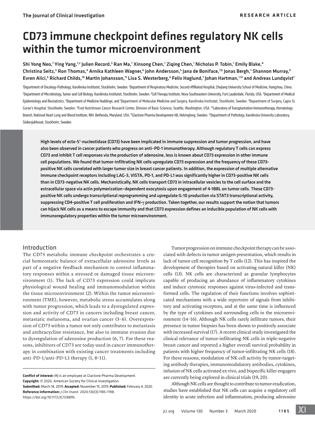 CD73 Immune Checkpoint Defines Regulatory NK Cells Within the Tumor Microenvironment