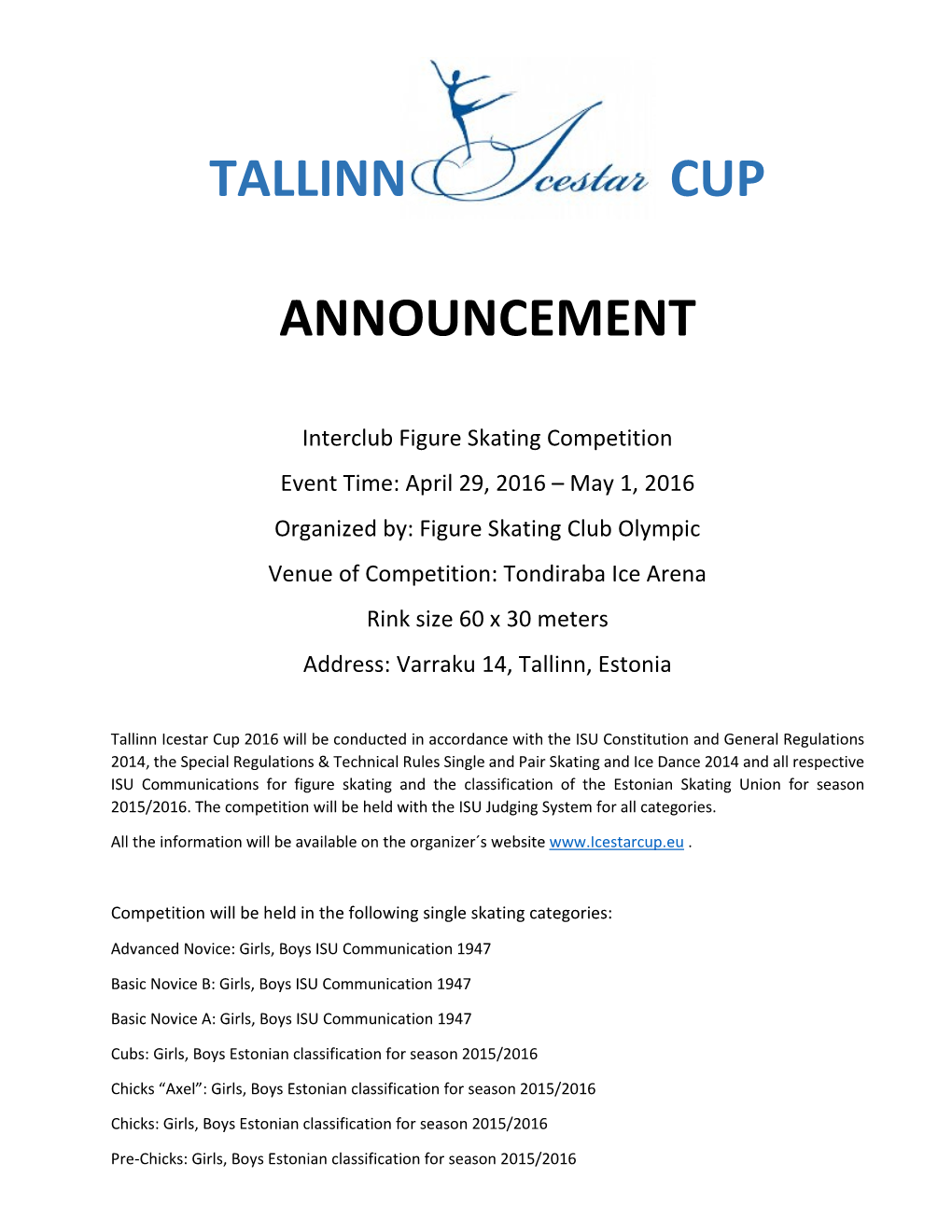 Tallinn Cup Announcement