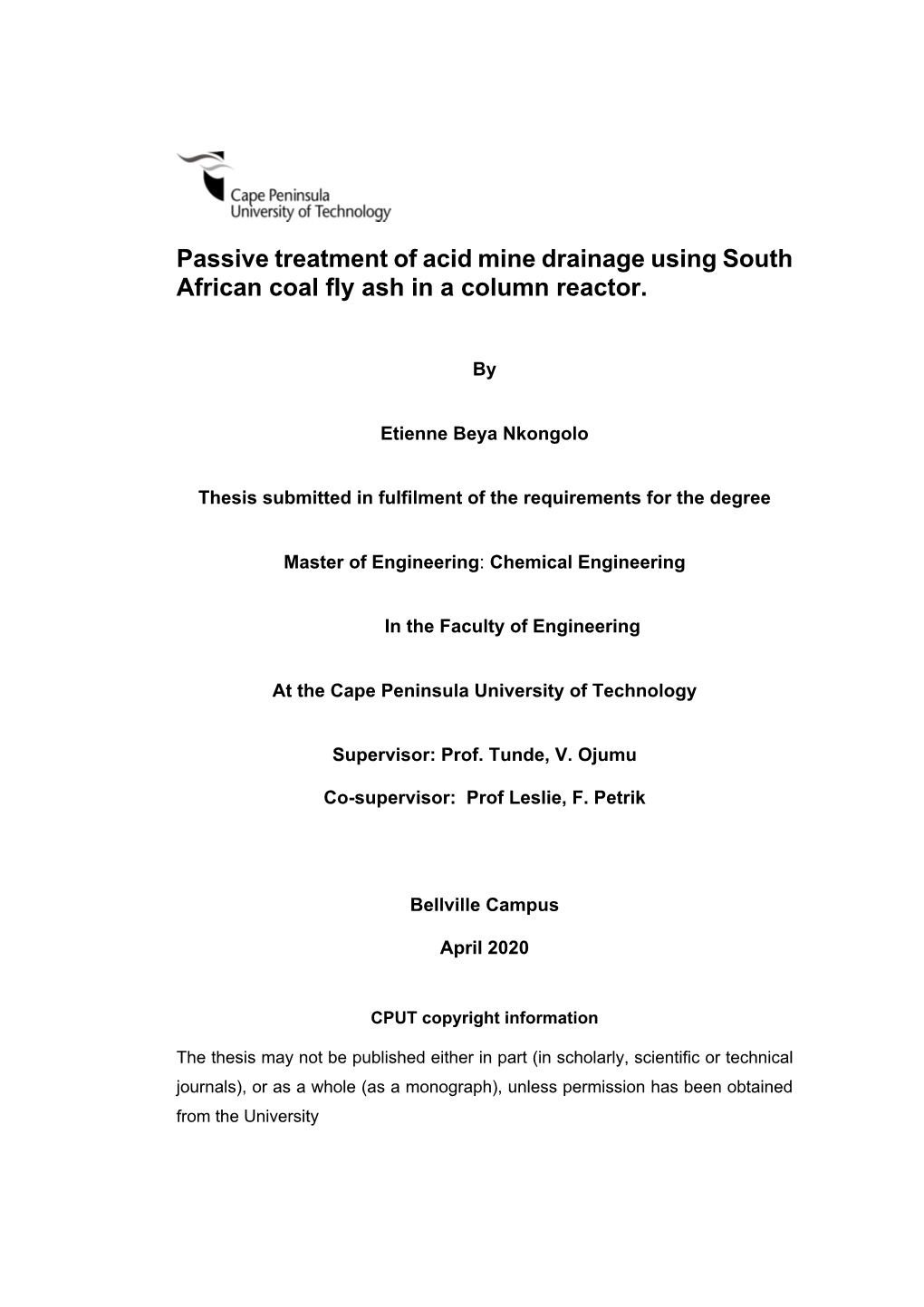 Passive Treatment of Acid Mine Drainage Using South African Coal Fly Ash in a Column Reactor