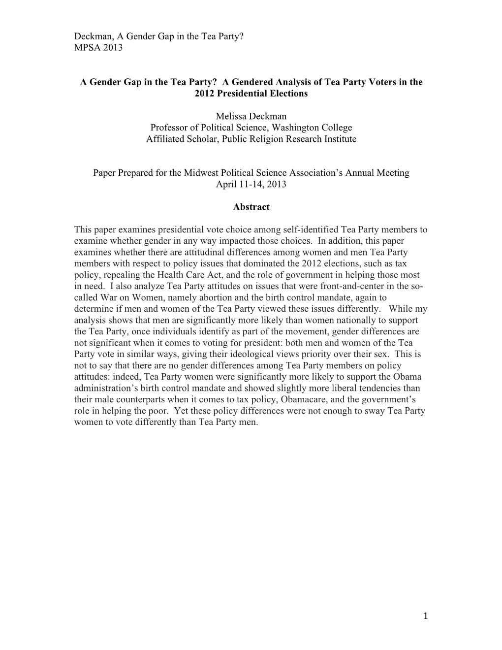 Deckman, a Gender Gap in the Tea Party? MPSA 2013