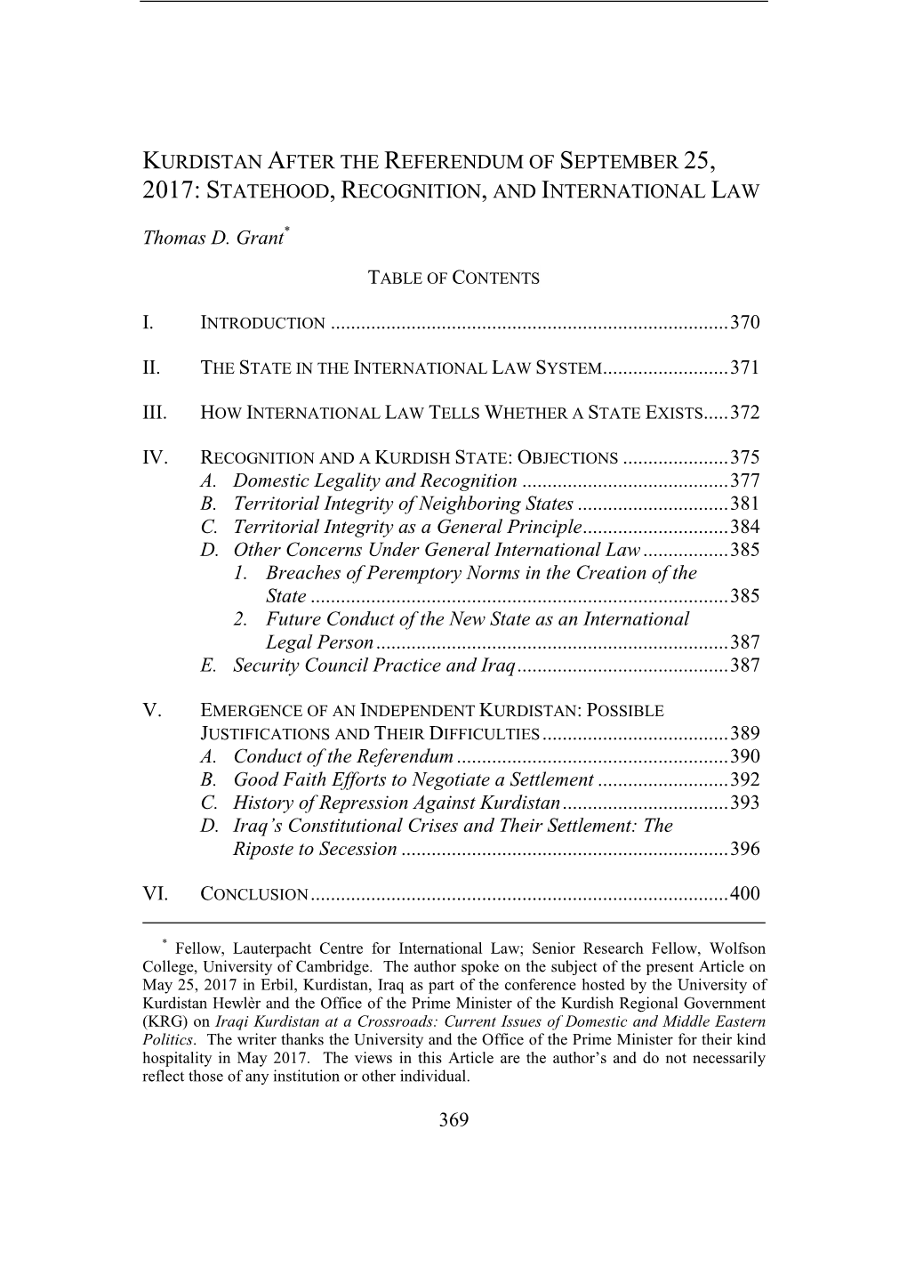 Kurdistan After the Referendum of September 25, 2017: Statehood, Recognition, and International Law