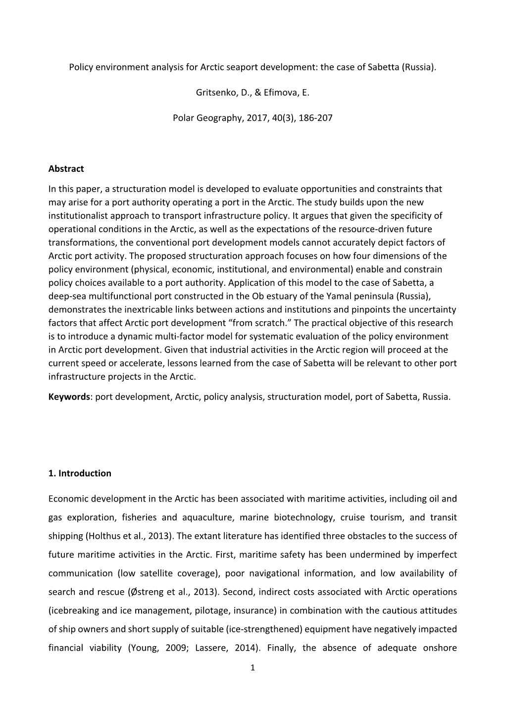 Policy Environment Analysis for Arctic Seaport Development: the Case of Sabetta (Russia)