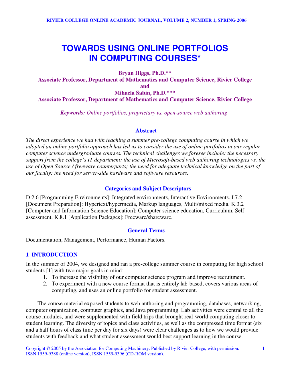 Towards Using Online Portfolios in Computing Courses*