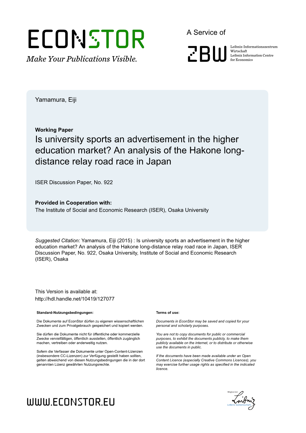 Is University Sports an Advertisement in the Higher Education Market? an Analysis of the Hakone Long- Distance Relay Road Race in Japan