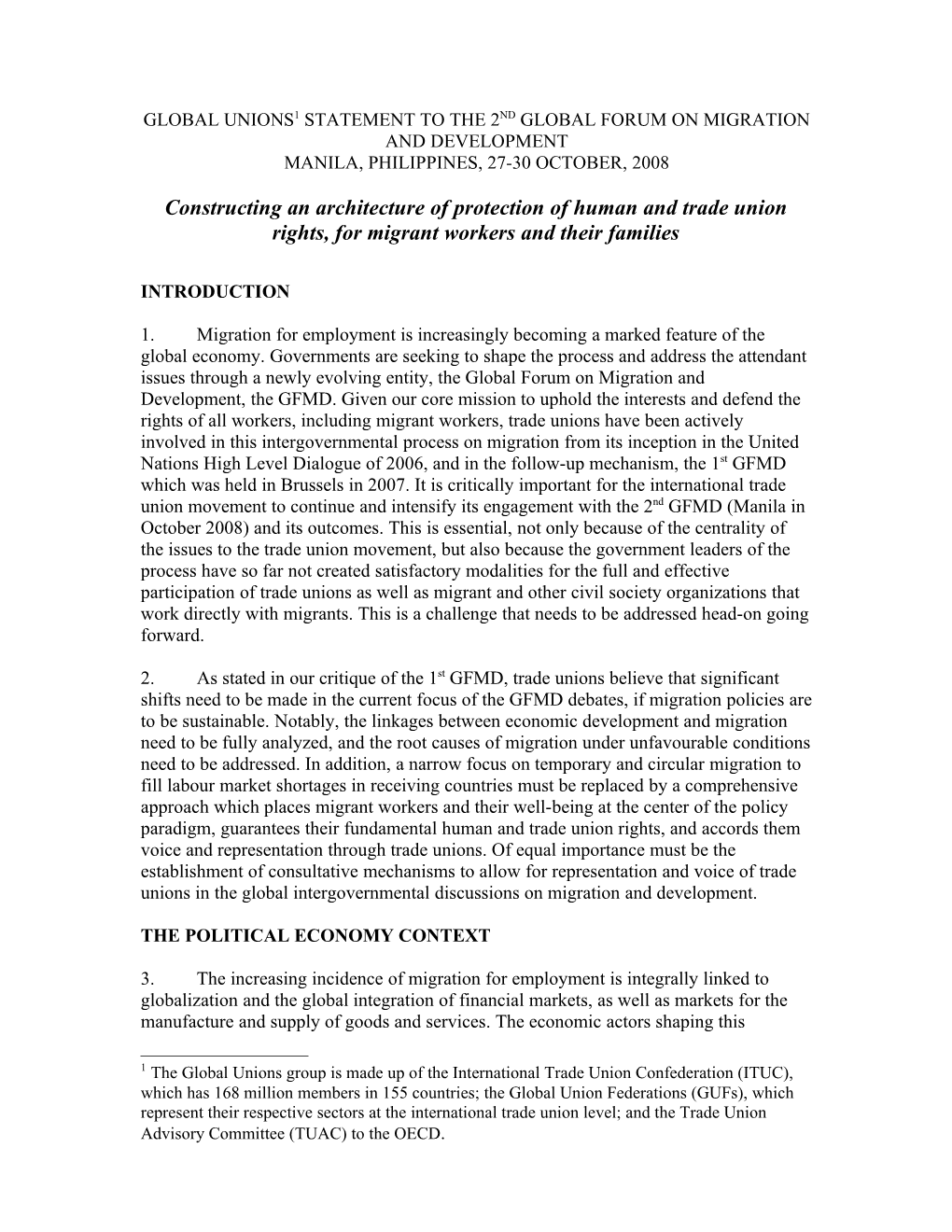 Global Unions1 Statement to the 2Nd Global Forum on Migration and Development Manila, Philippines, 27-30 October, 2008