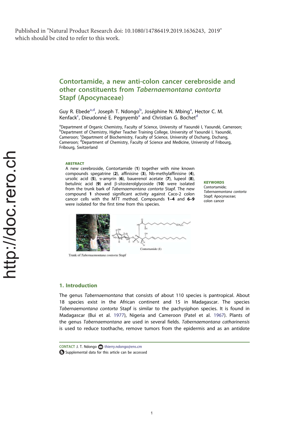 Contortamide, a New Anti-Colon Cancer Cerebroside and Other Constituents from Tabernaemontana Contorta Stapf (Apocynaceae)