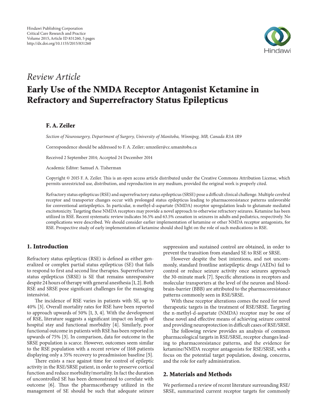 Review Article Early Use of the NMDA Receptor Antagonist Ketamine in Refractory and Superrefractory Status Epilepticus