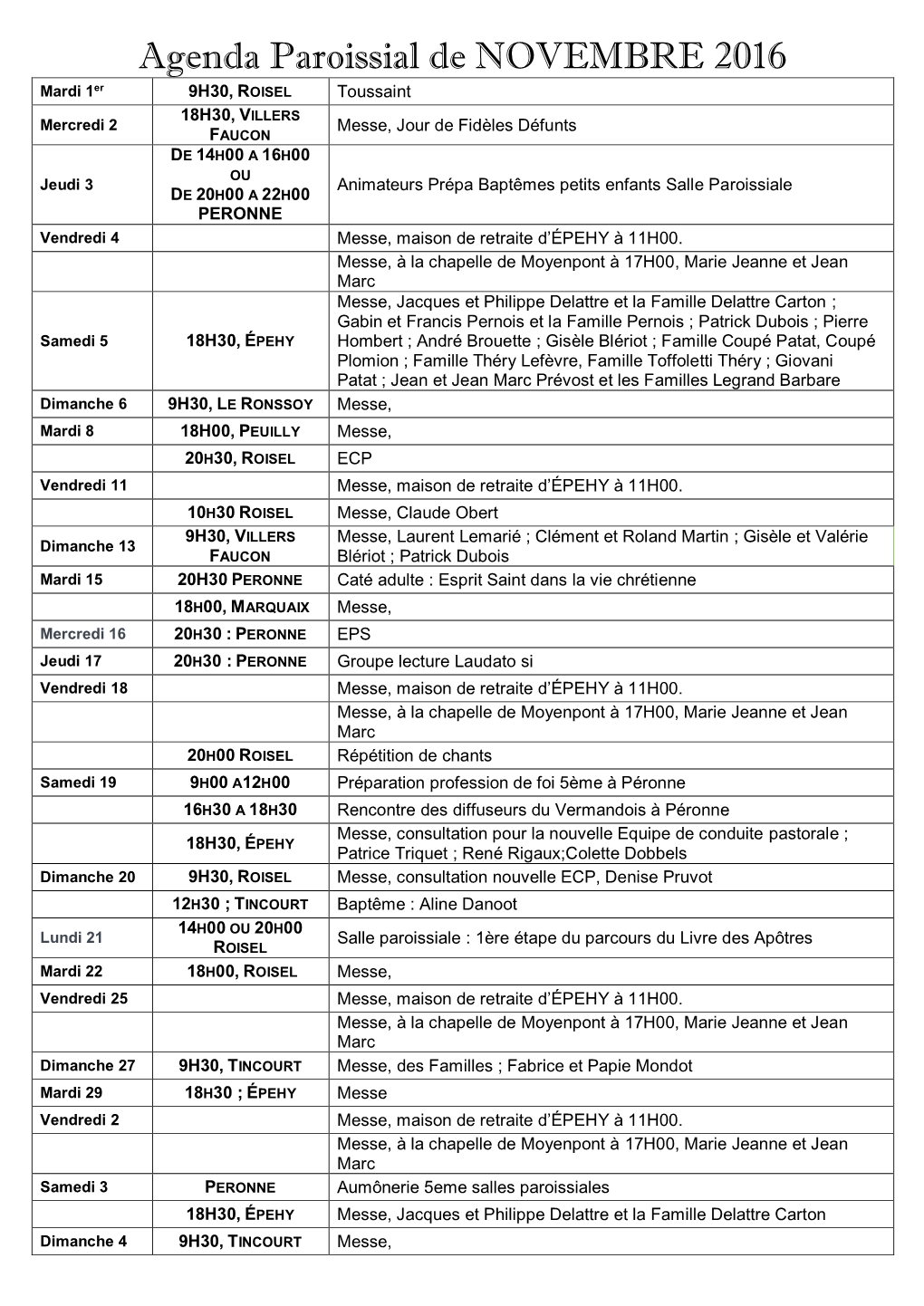 Agenda Paroissial De NOVEMBRE 2016