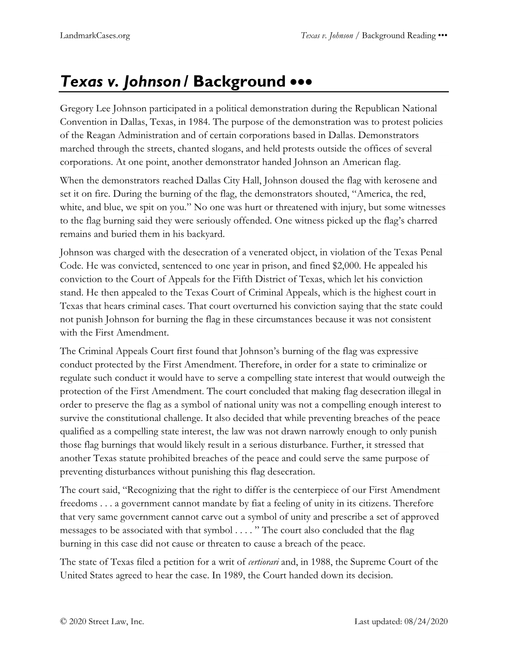 Texas V. Johnson/ Background