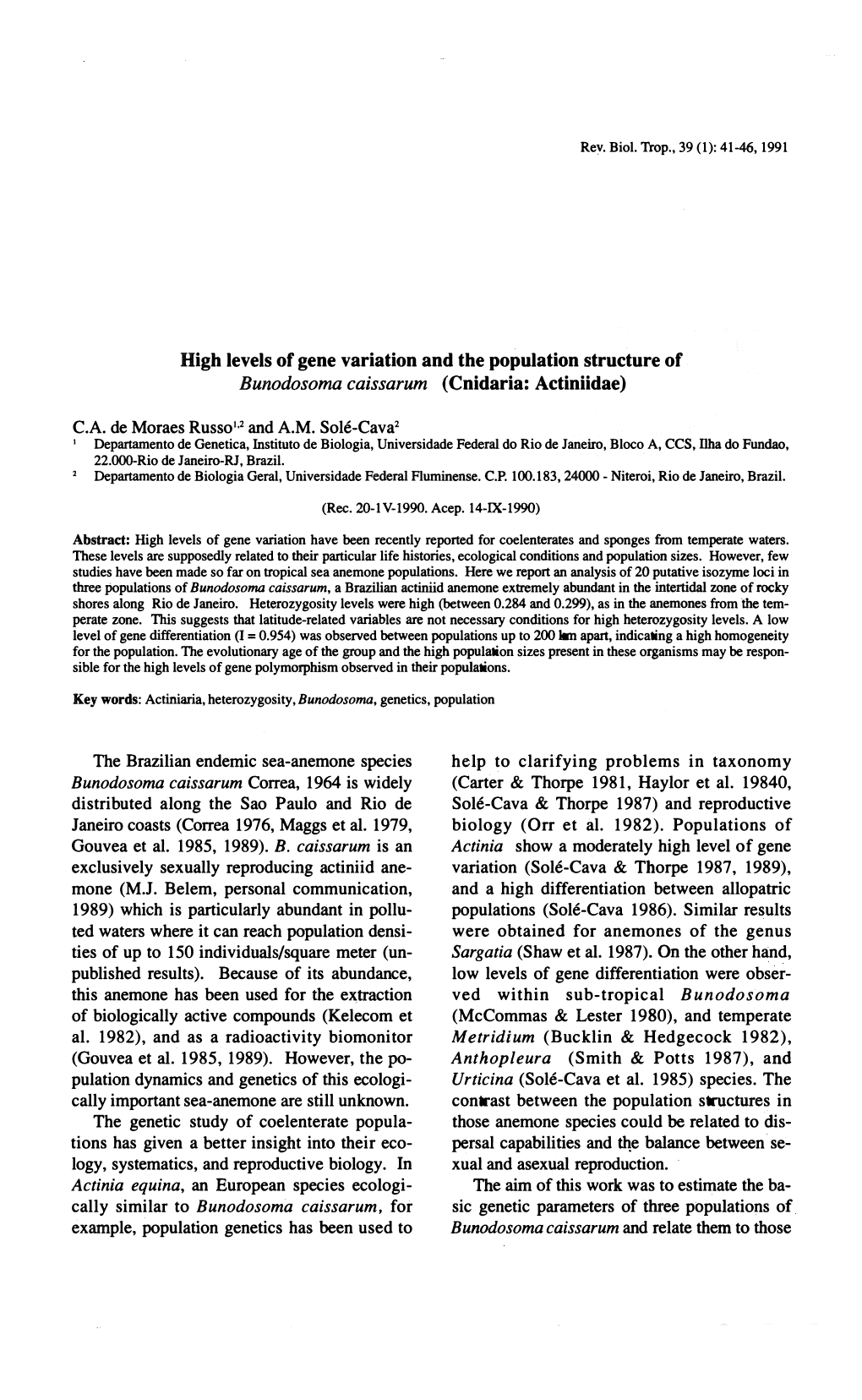 High Levels of Gene Variation and the Population Structure of Bunodosoma Caissarum (Cnidaria: Actiniidae)