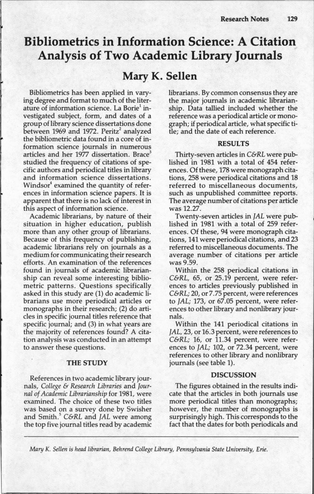 A Citation Analysis of Two Academic Library Journals Mary K