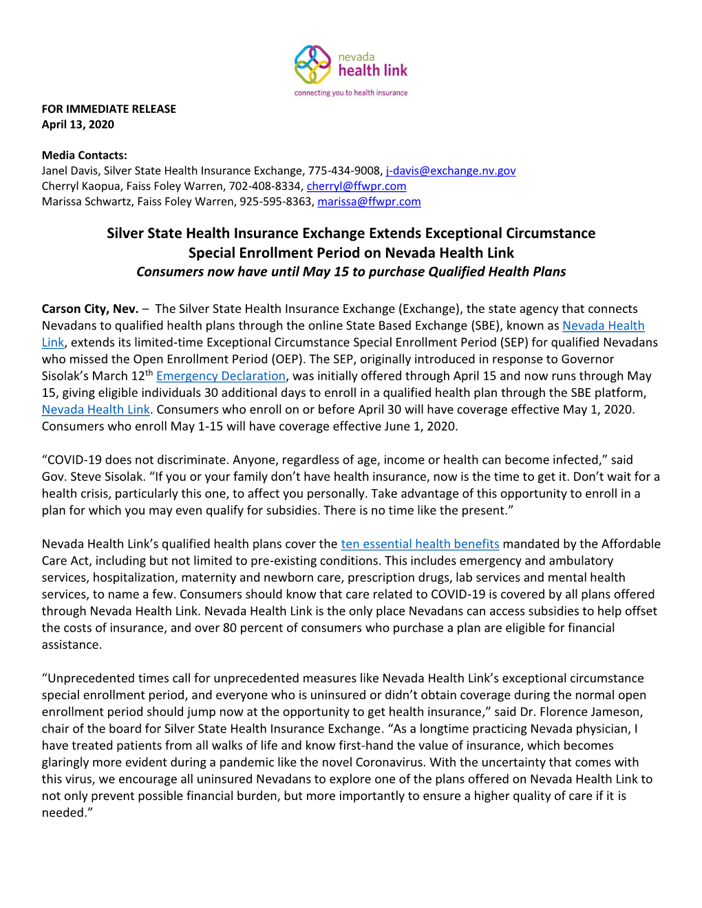 Silver State Health Insurance Exchange Extends Exceptional