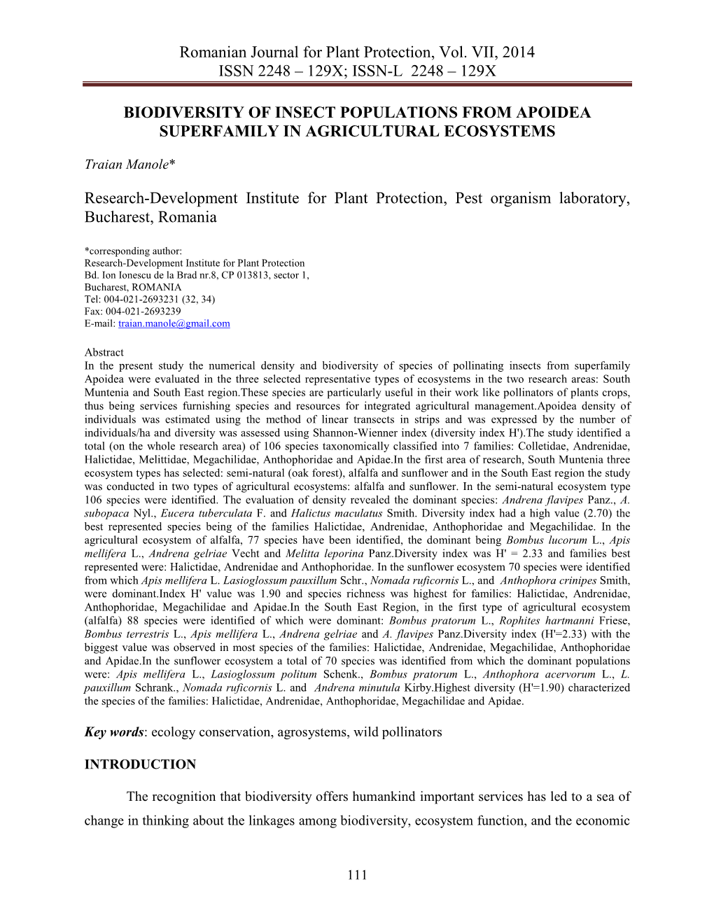 Issn-L 2248 – 129X Biodiversity of Insect Popul