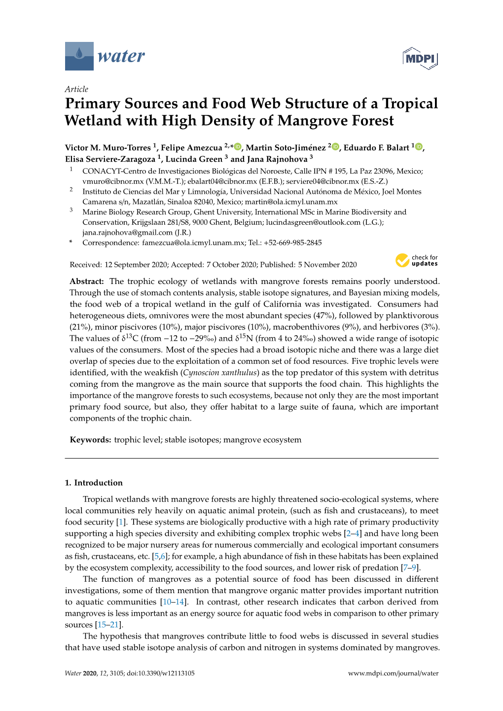 Primary Sources and Food Web Structure of a Tropical Wetland with High Density of Mangrove Forest