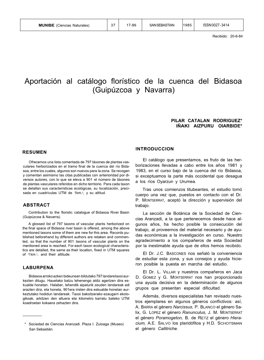 Aportación Al Catálogo Florístico De La Cuenca Del Bidasoa (Guipúzcoa Y Navarra)