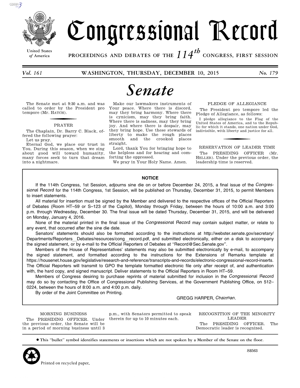 Congressional Record United States Th of America PROCEEDINGS and DEBATES of the 114 CONGRESS, FIRST SESSION