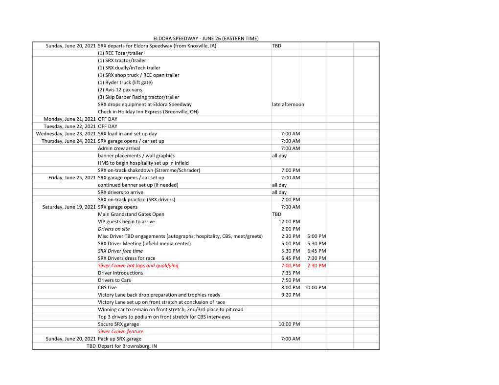 Sunday, June 20, 2021 SRX Departs for Eldora Speedway (From