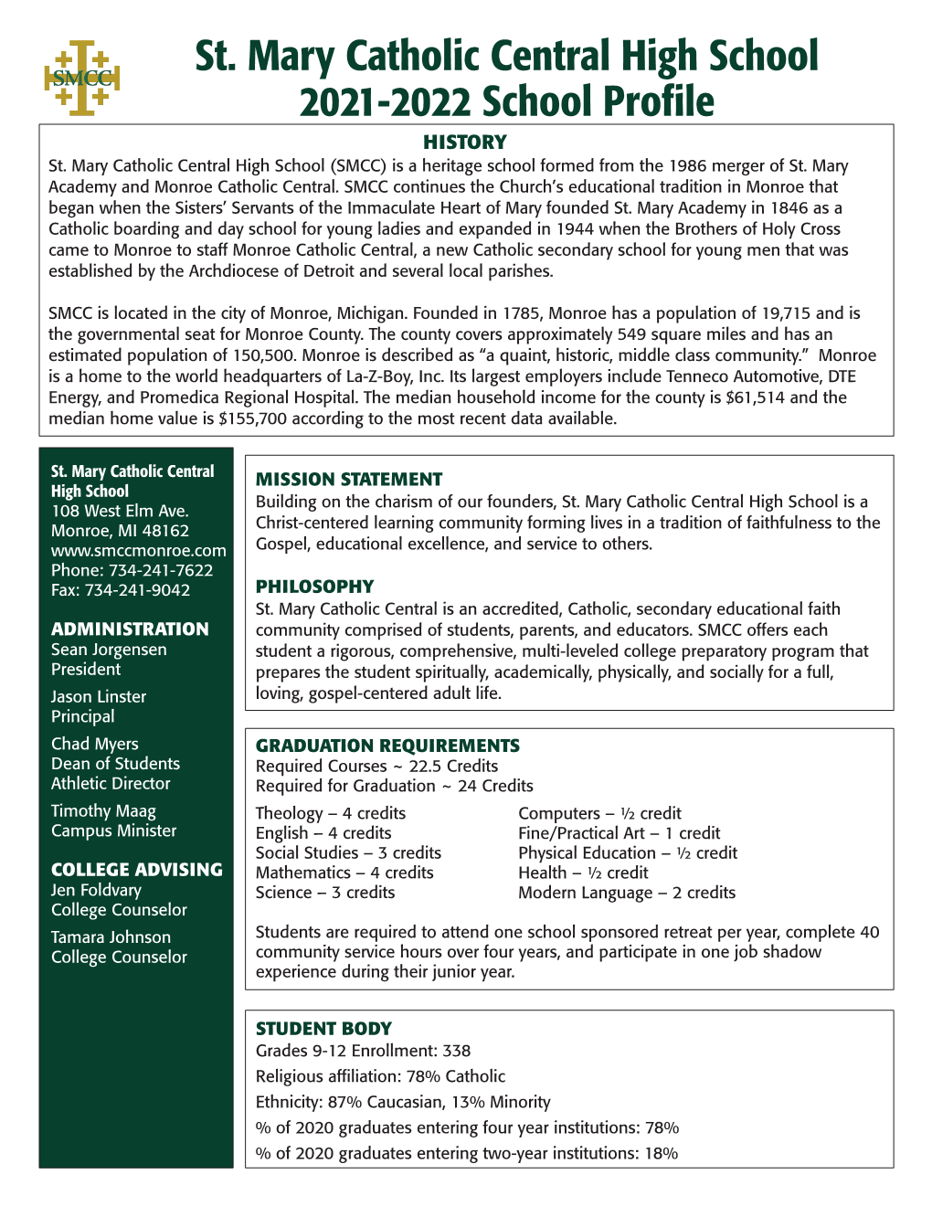 St. Mary Catholic Central High School 2021-2022 School Profile HISTORY St