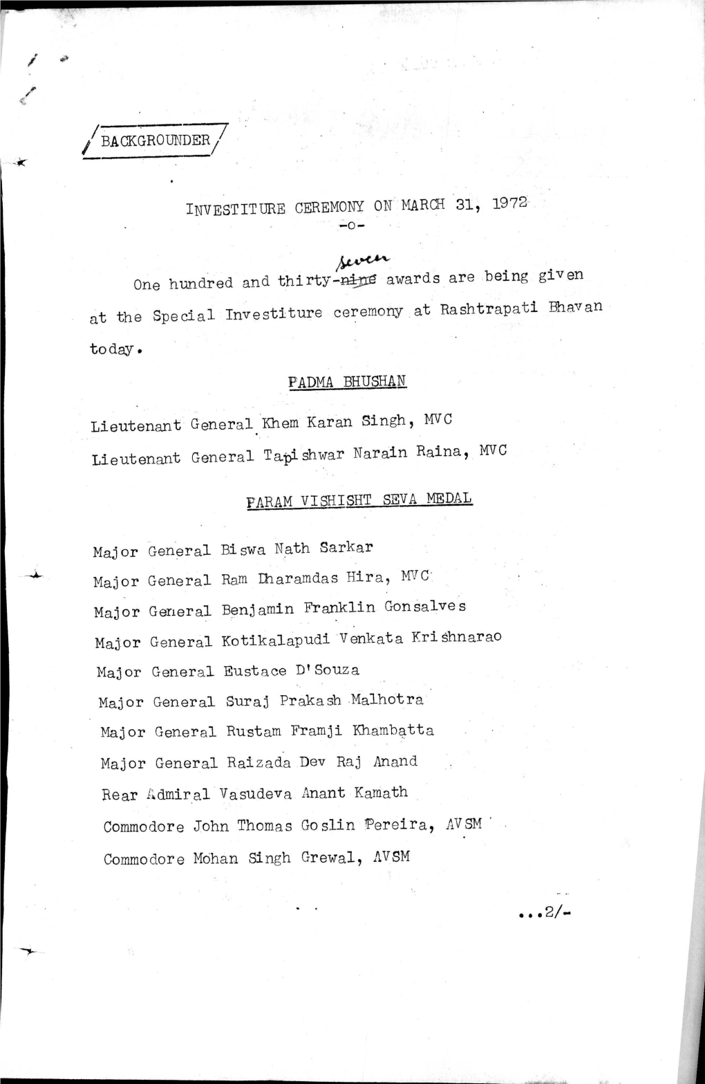 BACKGROUI\TDER/ INVESTITURE CEREMONY on MARCH 317 1972 One Hundred and Thirty-N Awards Are Being Given at the Special Investit