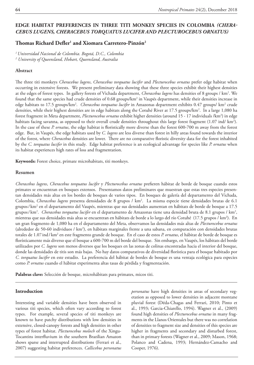 Edge Habitat Preference in Three Titi Monkeys