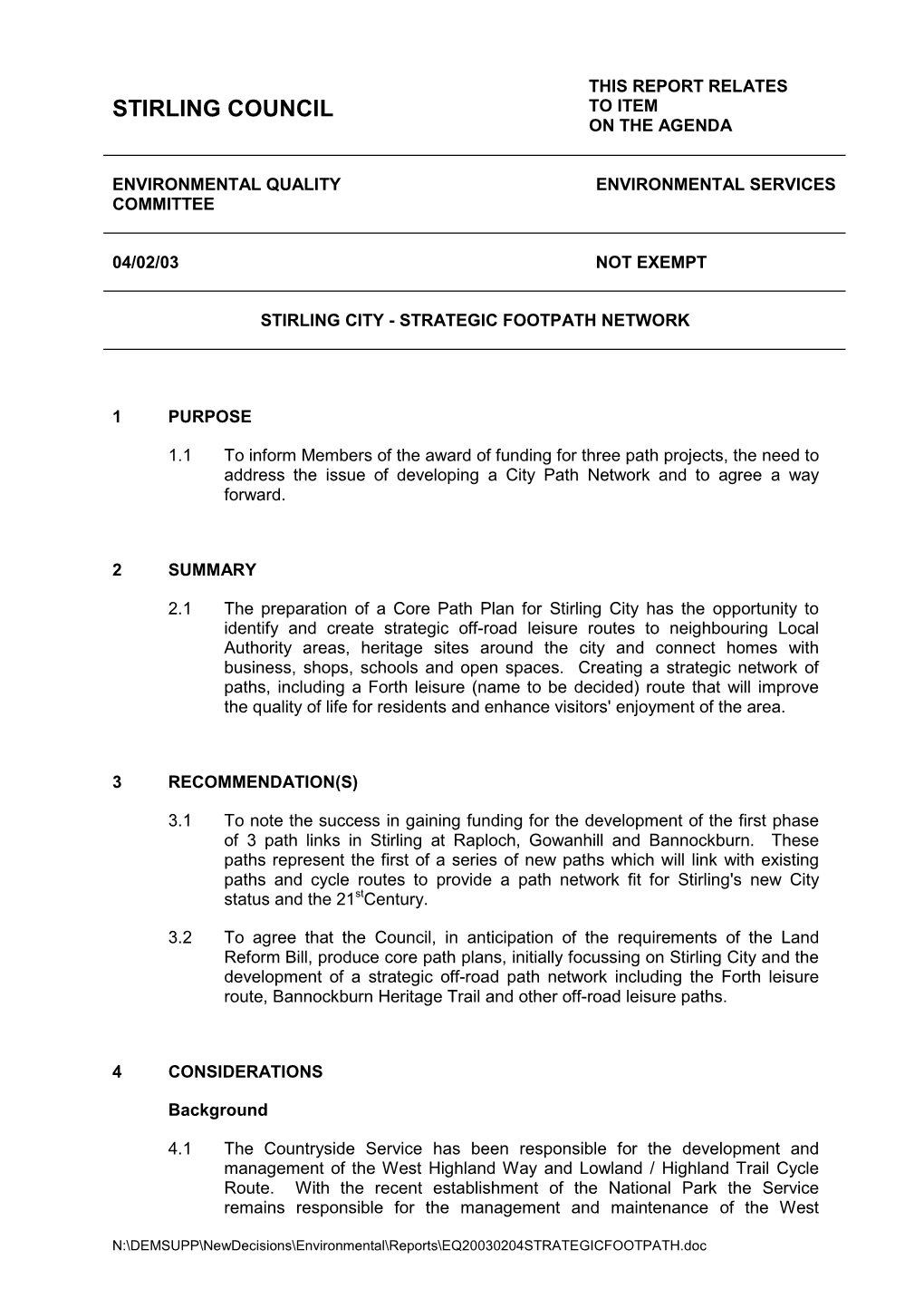 Stirling City – Strategic Footpath Network