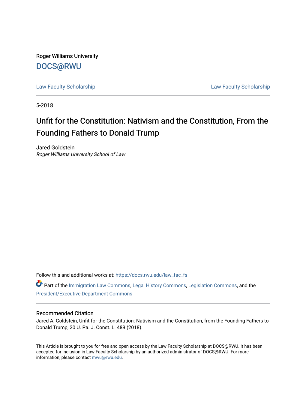 Nativism and the Constitution, from the Founding Fathers to Donald Trump, 20 U