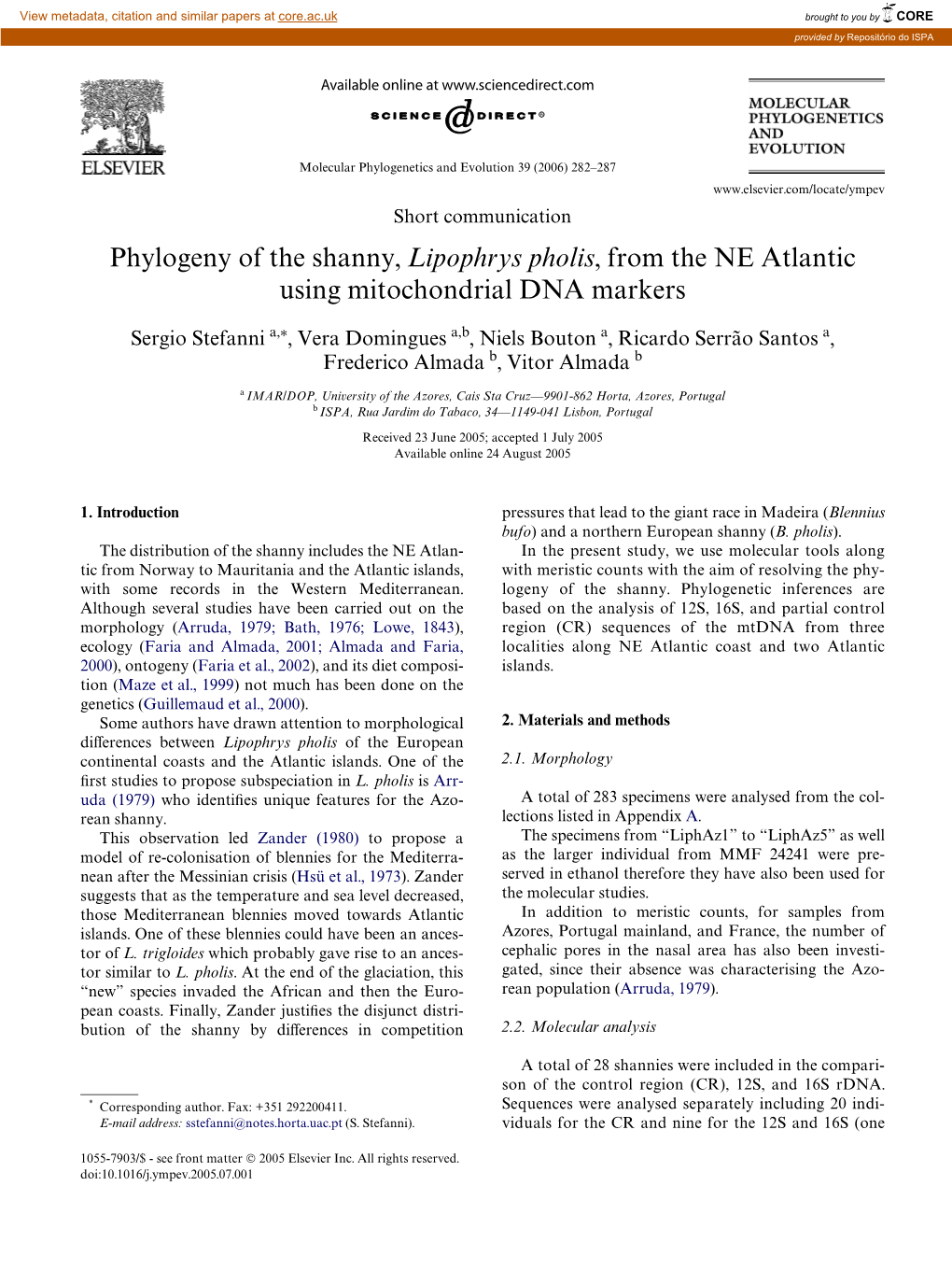 Phylogeny of the Shanny, Lipophrys Pholis, from the NE Atlantic Using Mitochondrial DNA Markers