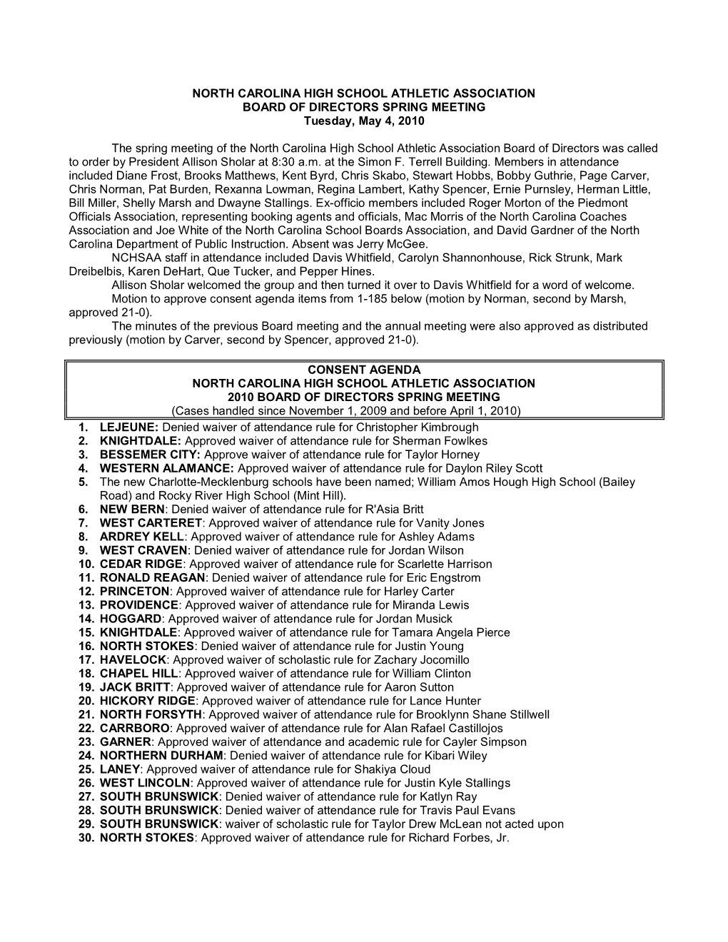 NORTH CAROLINA HIGH SCHOOL ATHLETIC ASSOCIATION BOARD of DIRECTORS SPRING MEETING Tuesday, May 4, 2010